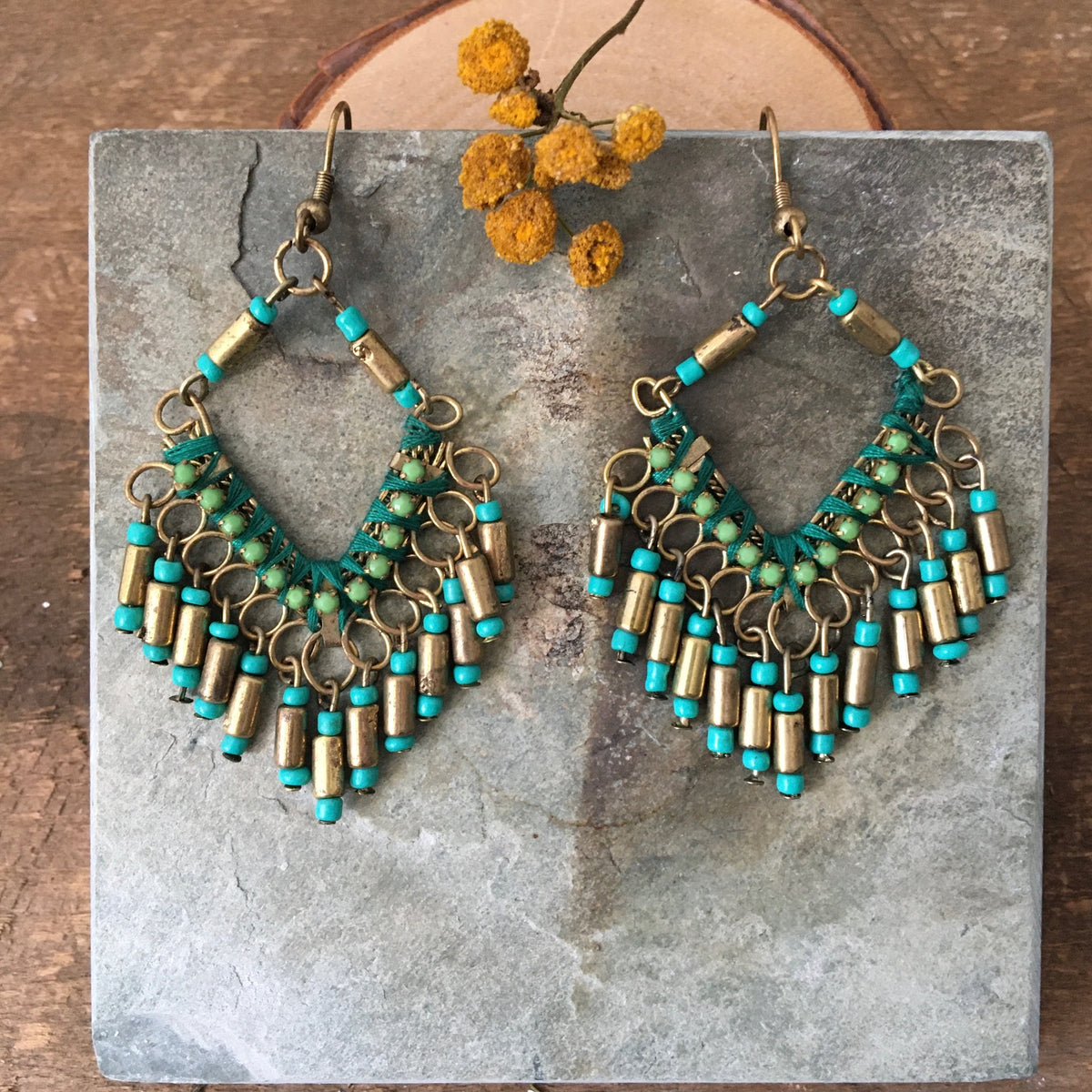 Beaded Turquoise Fringe Earrings