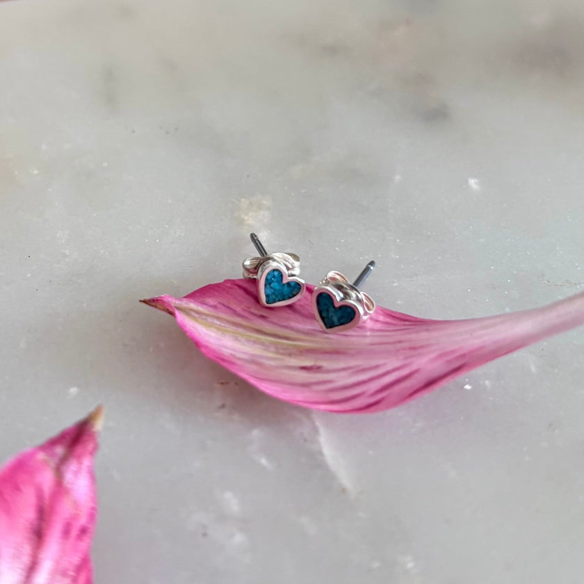 Blue Inlay Heart Post Earrings