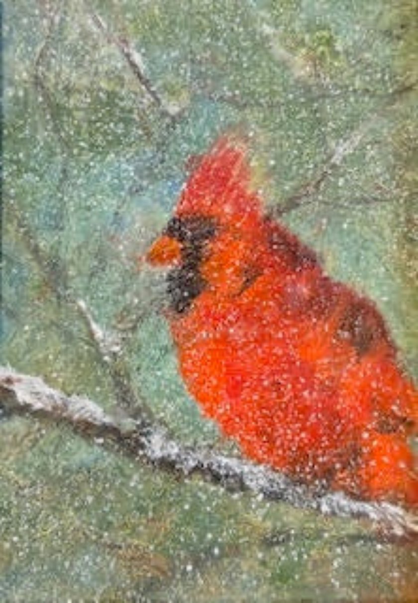 Cardinal in Snow -Oil Painting 7x5