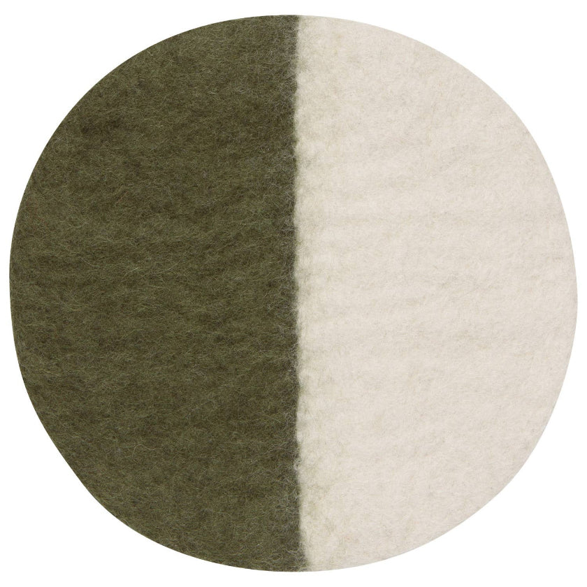 Round rug with green and white color pattern on a white background