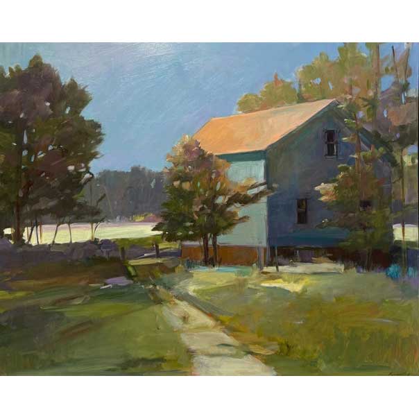 Painting of a house with trees and a path in the foreground by Anne Besse-Shepherd