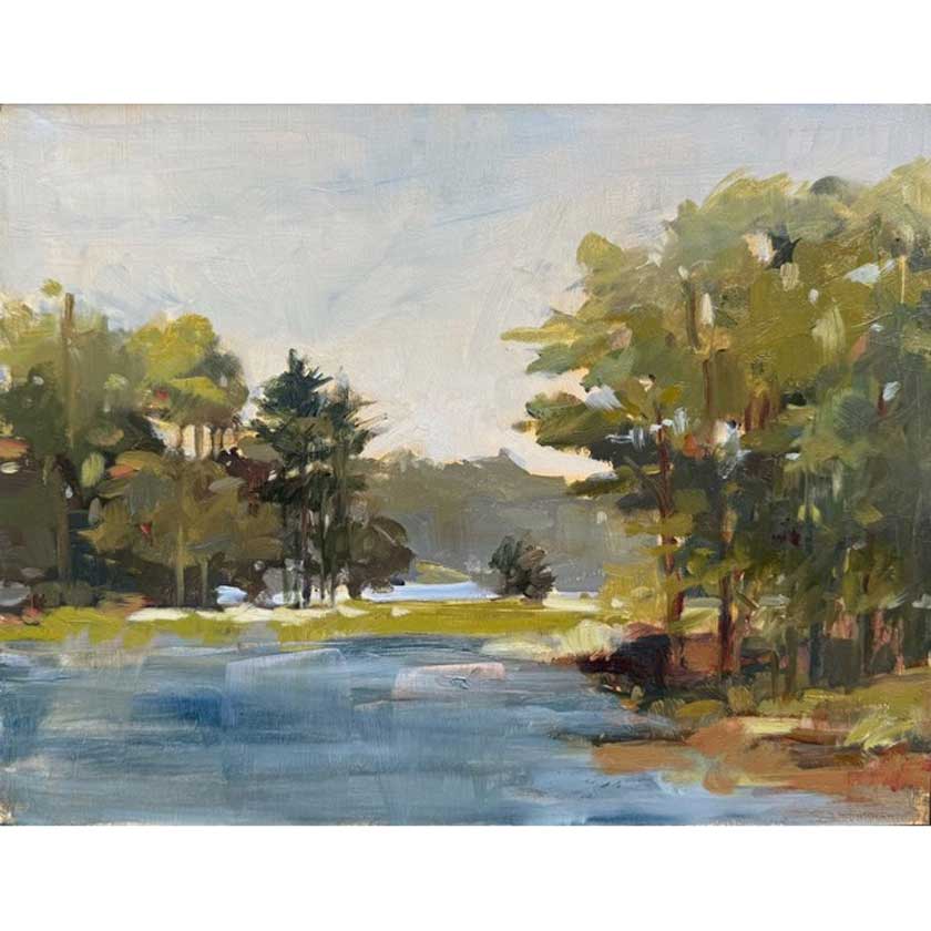 Painting of a serene landscape with trees and water by Anne Besse-Shepherd