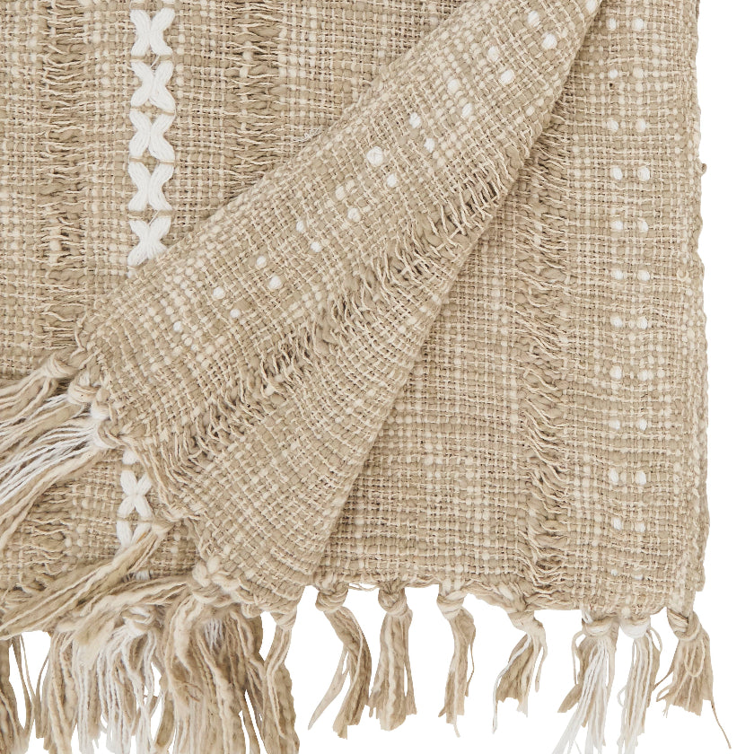 Beige woven Table runner with tassels 