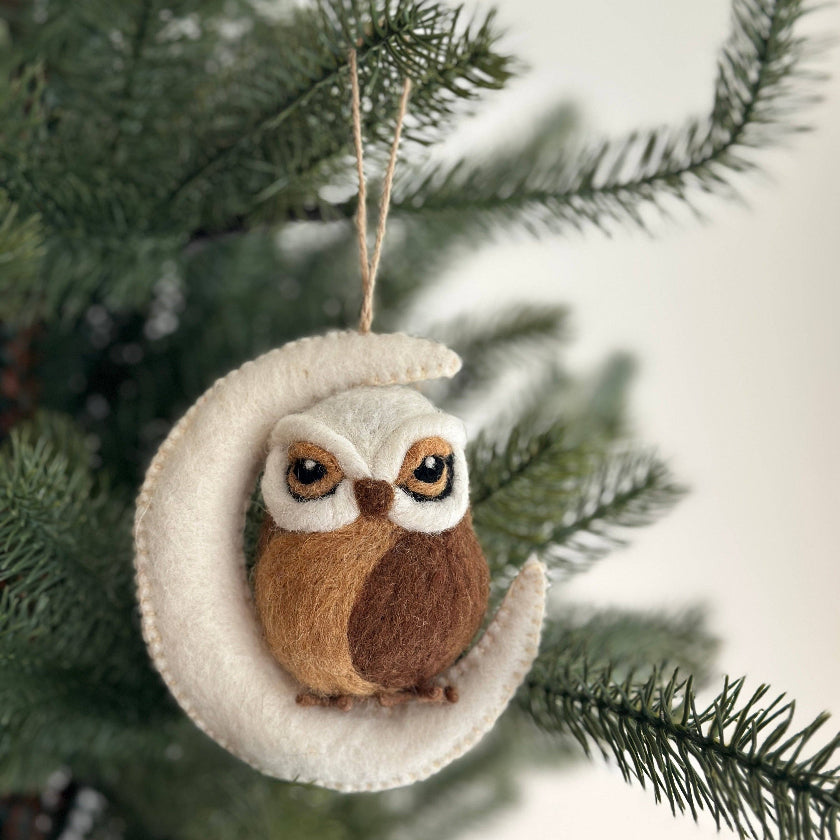 Felted owl ornament on a moon