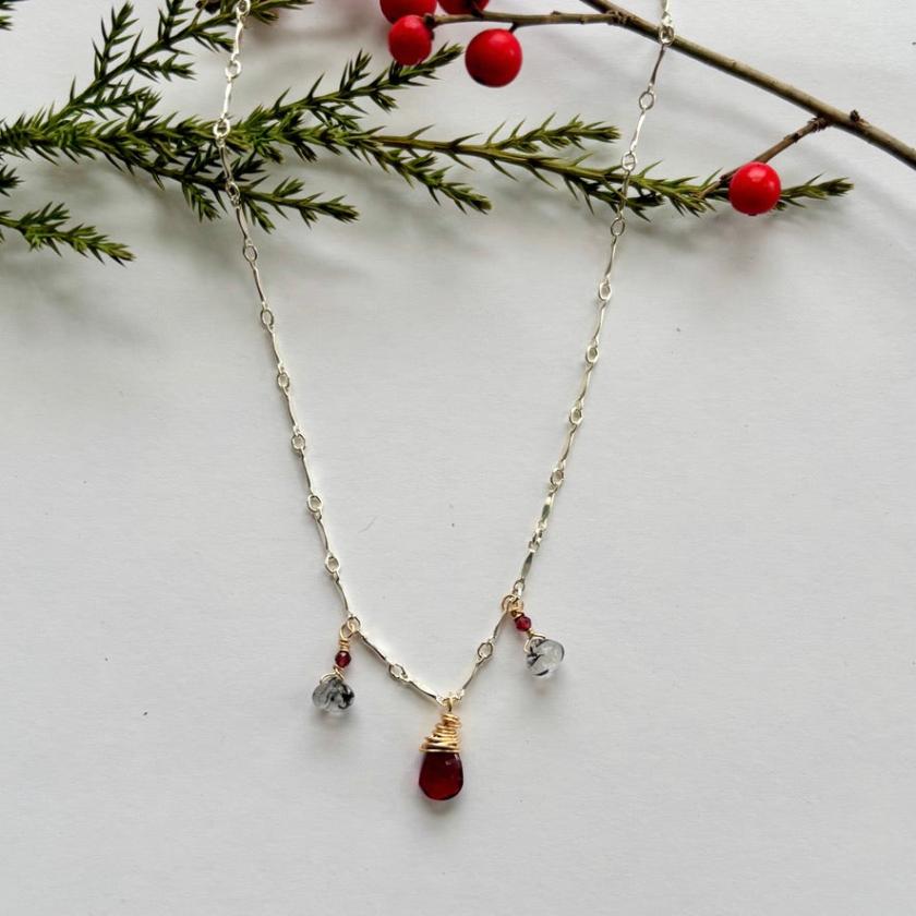 Garnet And Rutile Dangle Necklace