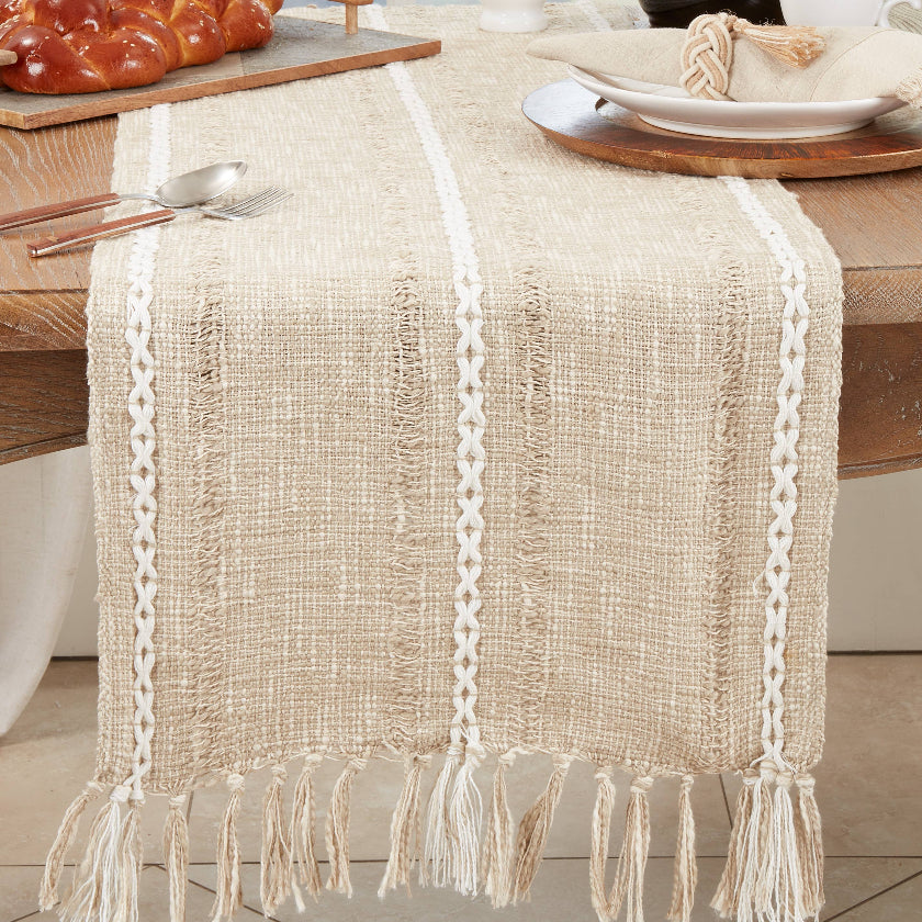 Beige woven table runner with tassels