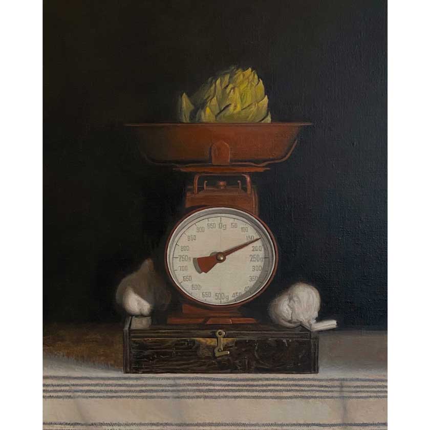 still life painting of kitchen scale