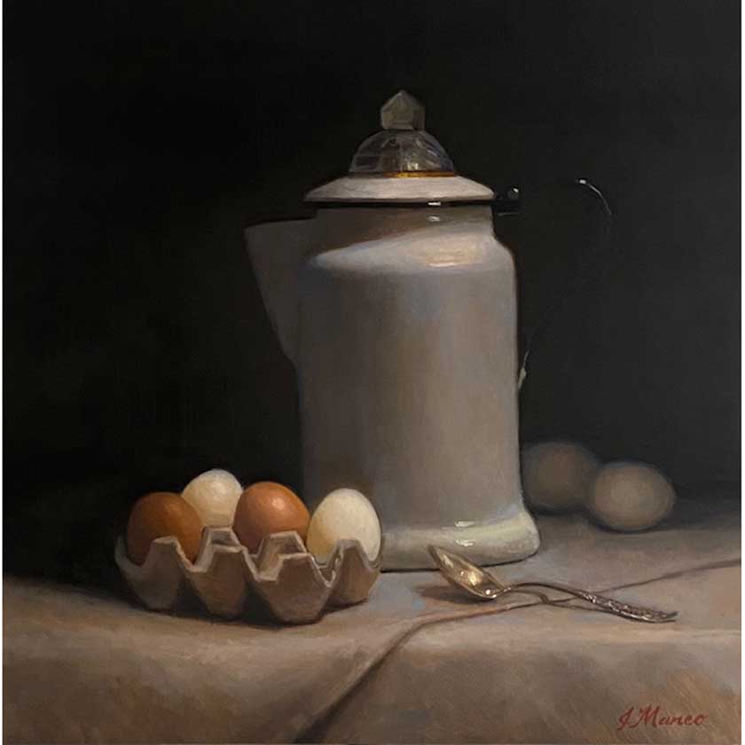 still life painting of porcelain coffee can and eggs