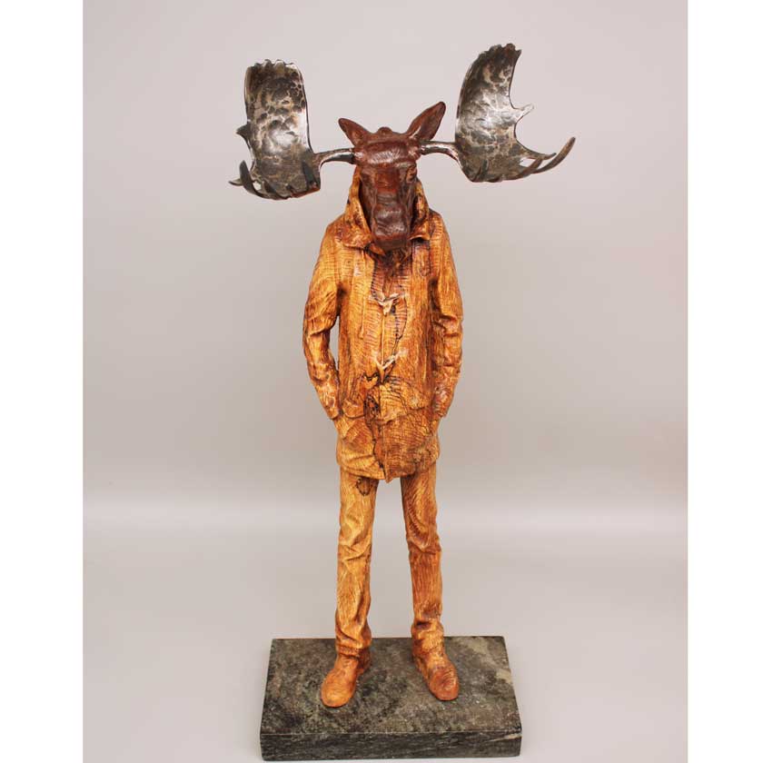 Joe Lupiani's sculpture of a moose and antlers wearing a brown jacket on a gray background