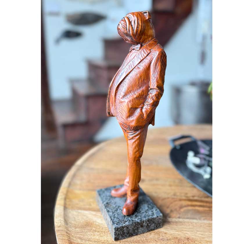 english bulldog wooden sculpture by  Vermont artist Joe Lupiani