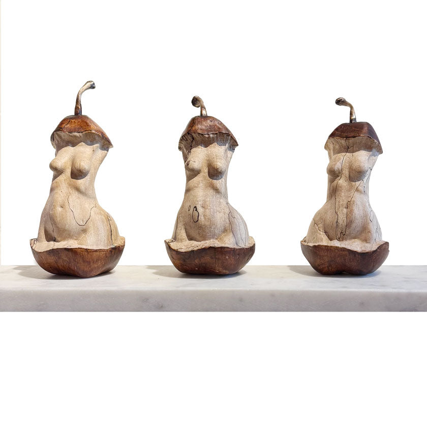 Three nude wood and bronze sculptures carved from pear by Joe Lupiani