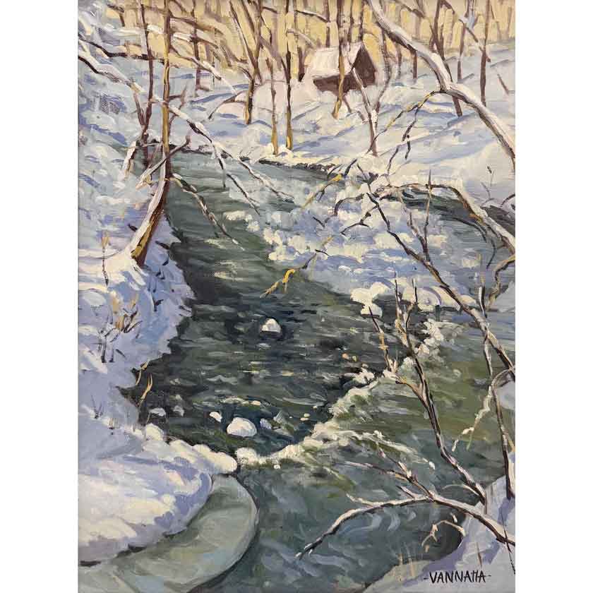 Winter landscape with a stream and snow-covered trees, artist's signature visible