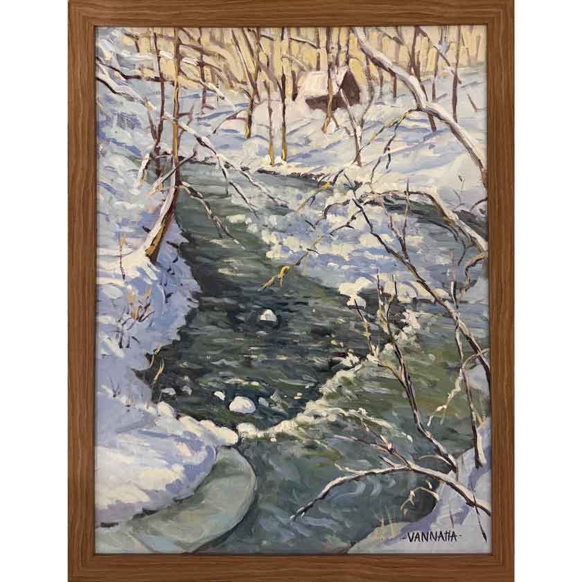 Framed painting of a snowy landscape with a stream and trees.