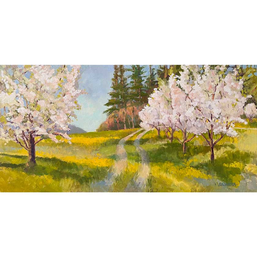 Spring blossons in VT landscape painting by Lynn VanNatta