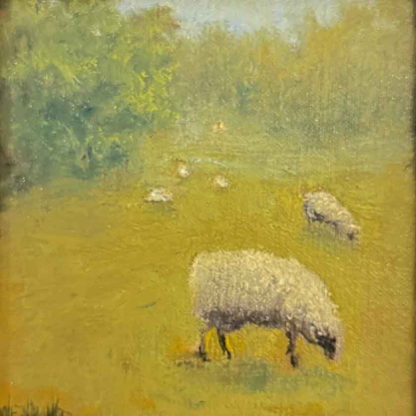 Painting of sheep grazing in a field with a soft, impressionistic style.