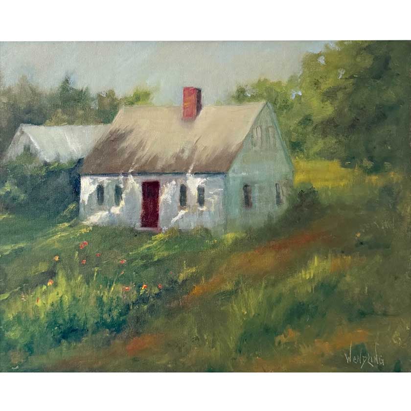 Painting of a Vermont house on a hillside