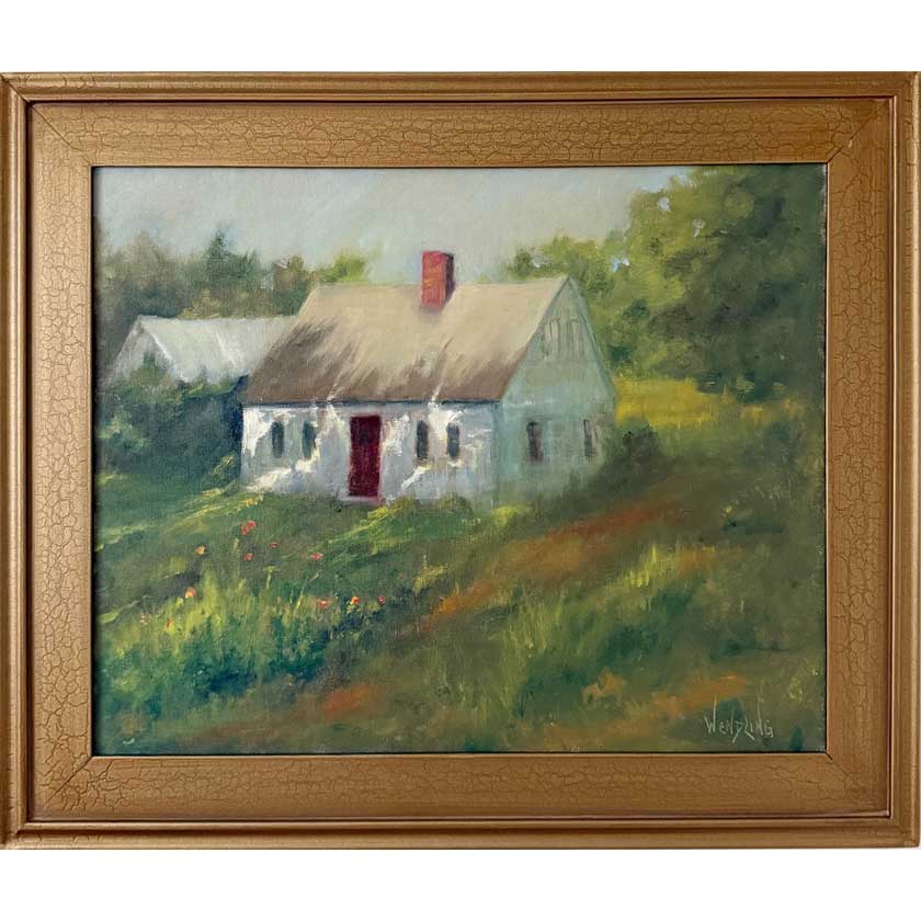 Painting of a house on a hillside with a gold frame