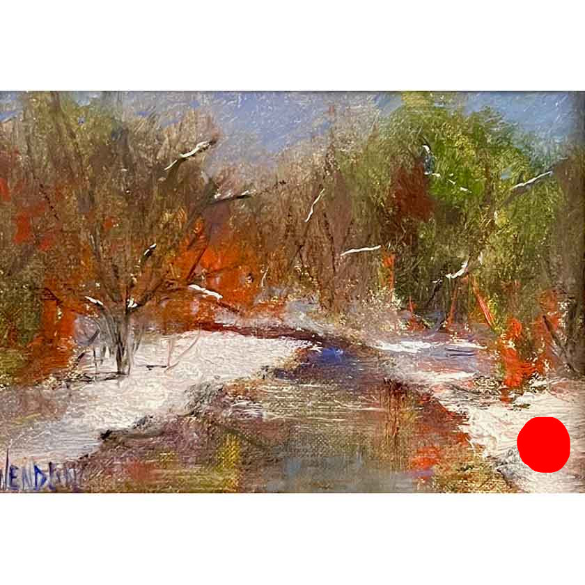 winter Painting of a forest scene with trees and birds.