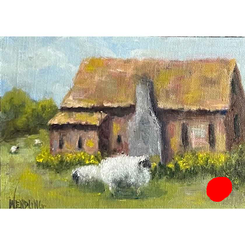 Painting of a barn with sheep in a field
