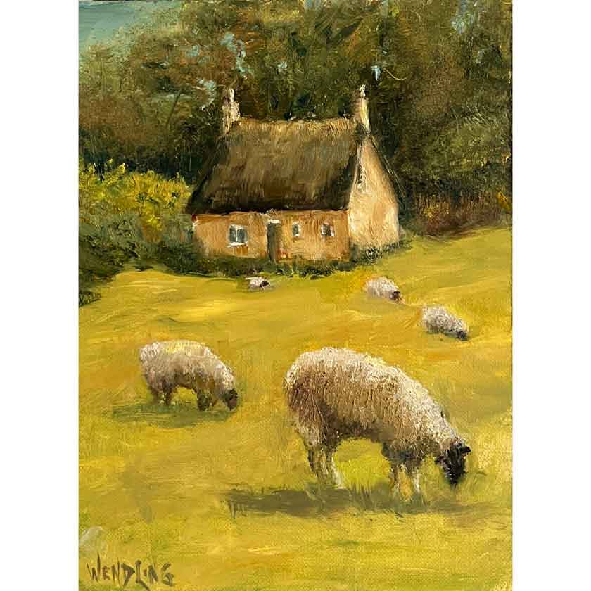 Painting of sheep grazing in a field with a thatched cottage in the background.