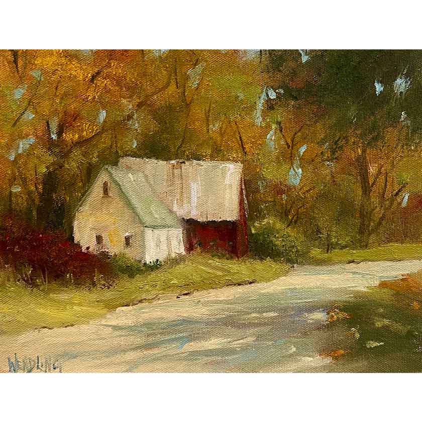 Painting of a small house with a red base and white roof, surrounded by trees and a path.