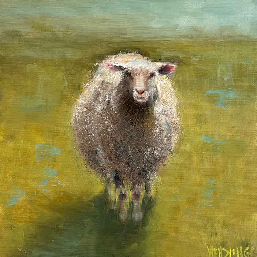 Painting of a sheep in a field with a green background