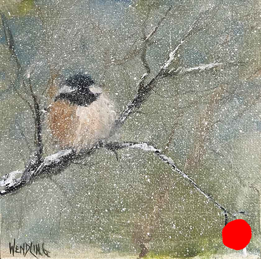 Artistic depiction of a bird perched on a branch with a snowy background