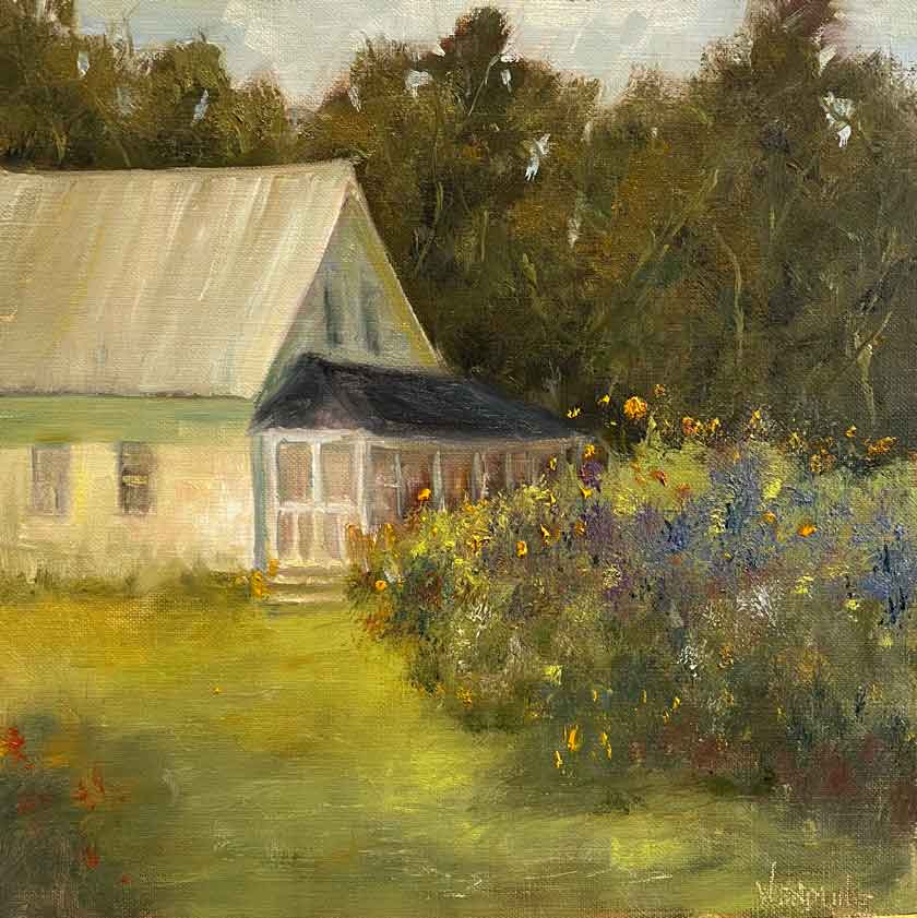 Painting of a rustic house with a garden in front, surrounded by trees.