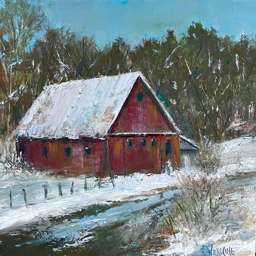 Painting of a red barn with snow on the roof in a winter landscape.