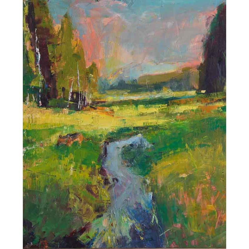 plein air oil painting of a pastoral scene with a stream, trees, and a dog by Mary Giammarino