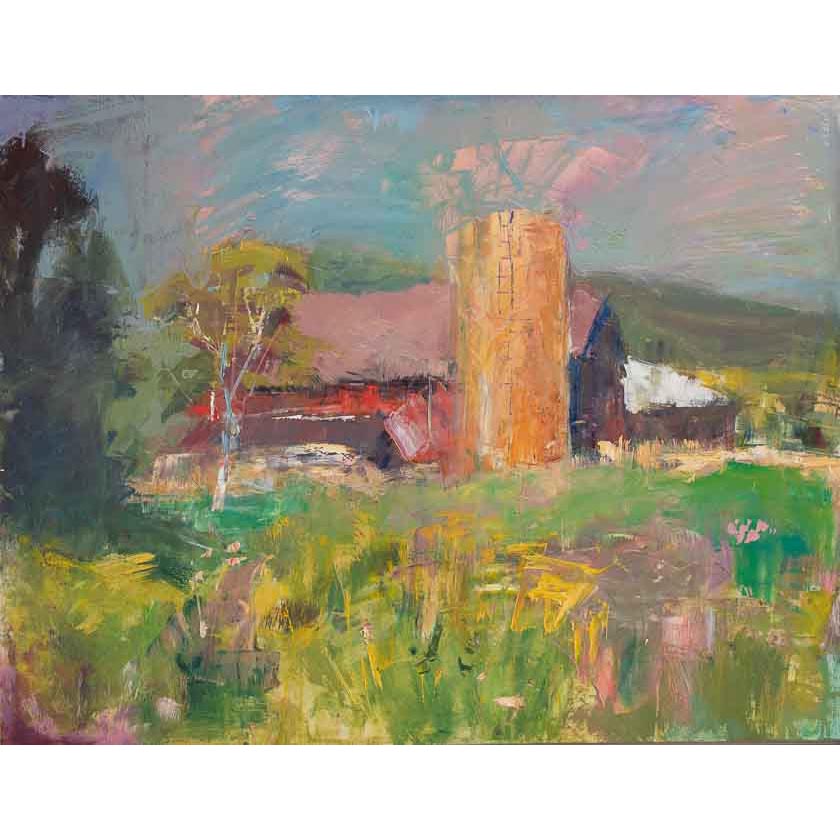 Plein air oil painting of a rural landscape with a barn and silo by May Giammarino