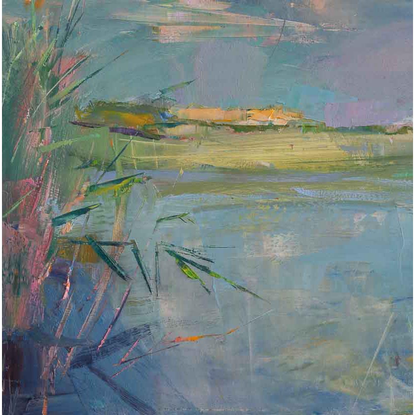 Plein air Abstract painting with blue, green, and purple hues by Mary Giammarino