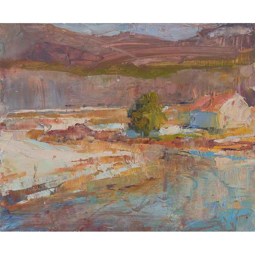 Plein air Painting of a landscape with fields, trees, and houses by Mary Giammarino