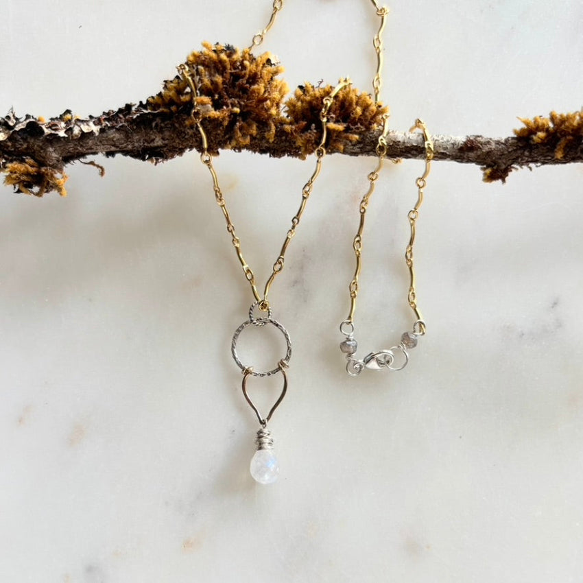 Two delicate necklaces with pendants hanging 