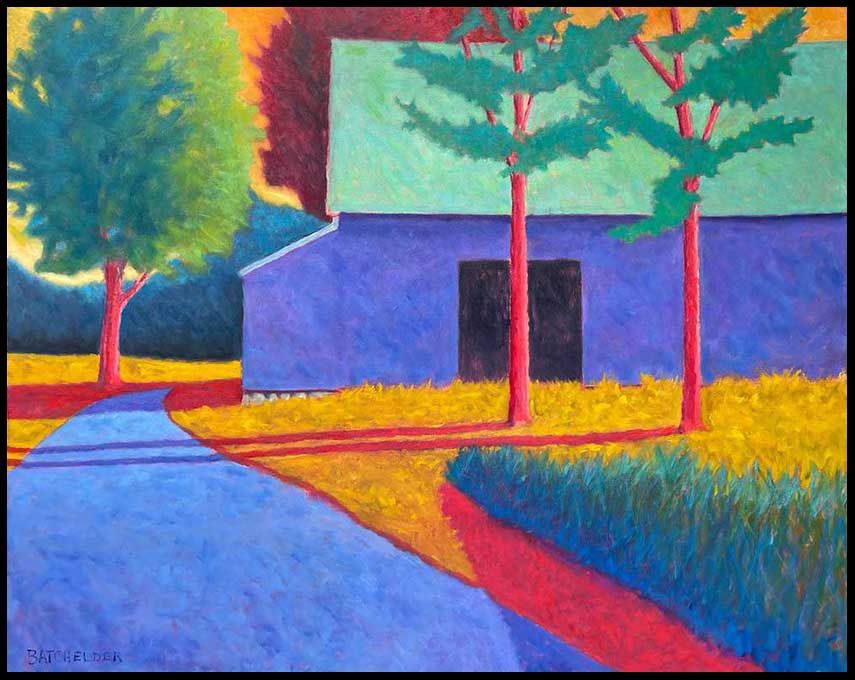 Colorful landscape painting of a house with green trees, a blue path, and bright yellow grass, rendered in expressive brushstrokes.