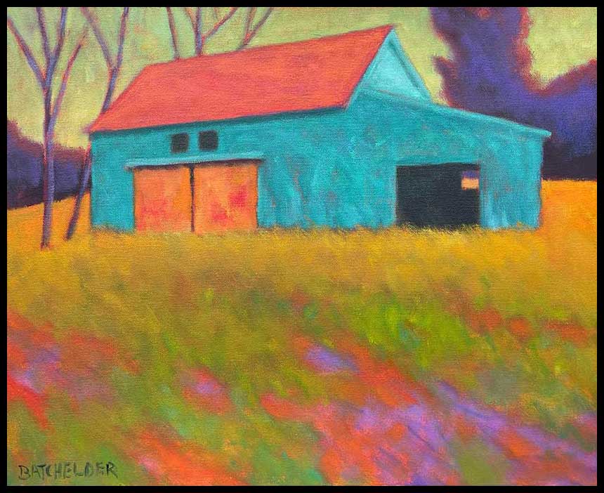 Colorful oil painting of a blue barn with a red roof in a grassy field, signed by Ritchler in the lower left corner.