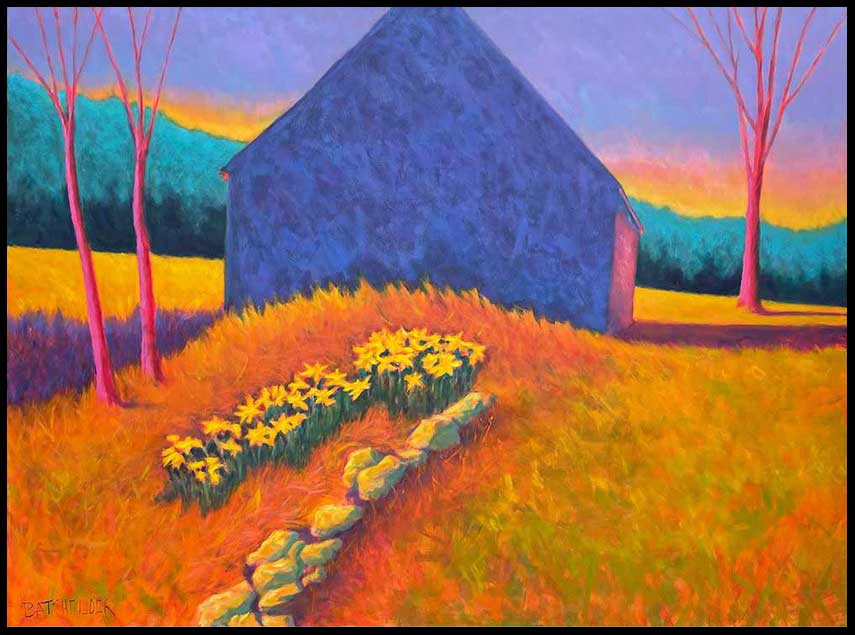 A colorful landscape painting featuring a large blue-gray barn in the center, bright yellow flowers in the foreground, pink-barked trees, and a sunset sky with purple, orange, and yellow tones.