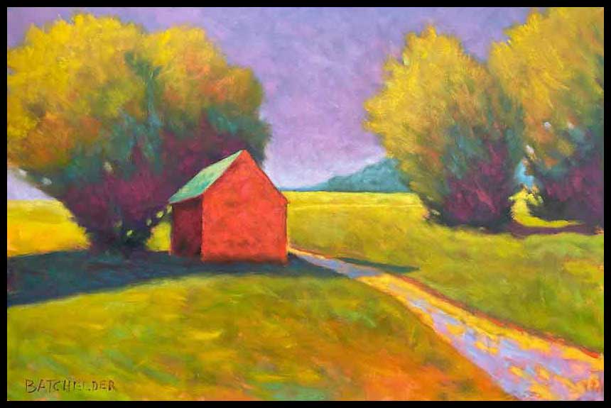 A colorful landscape painting featuring a small red barn with a green roof, flanked by large yellow and green trees under a purple sky, with a winding path in the foreground.