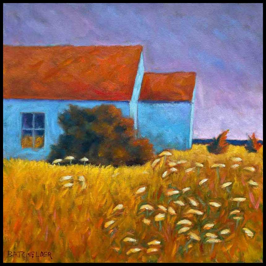 An impressionistic painting of a blue house with a reddish-brown roof situated in a golden field with white flowers under a purple sky. The artist's signature 'B.