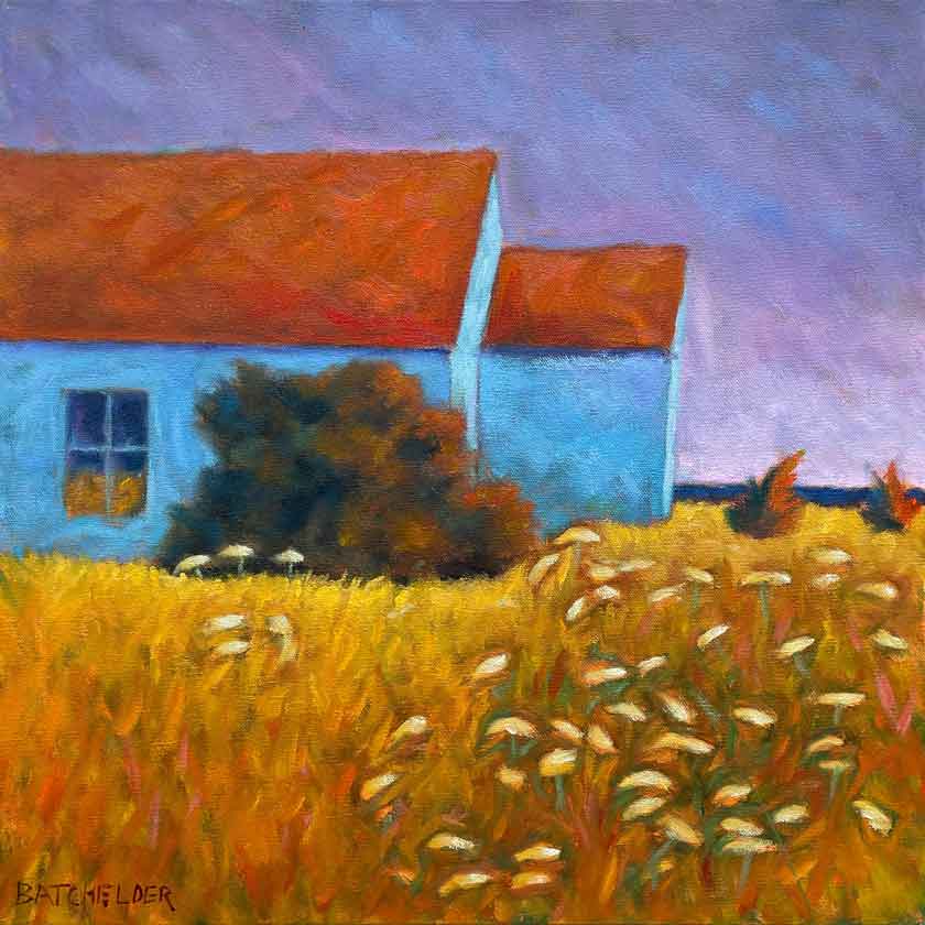 Painting of a house with a red roof in a field of yellow flowers and grass by Peter Batchelder
