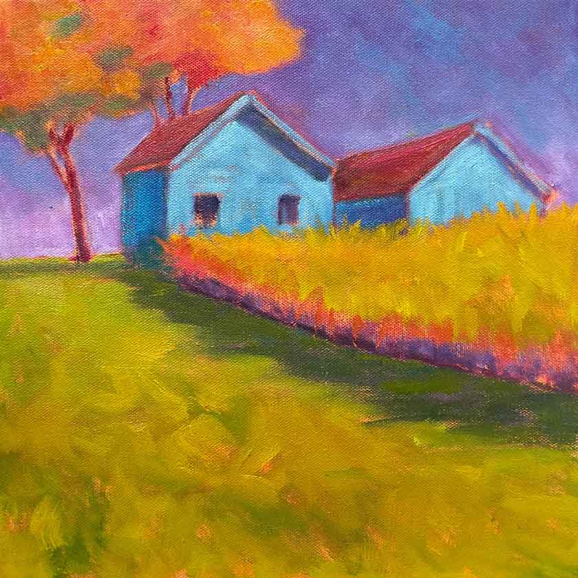 Painting of a house with a tree and grass in a colorful landscape by Peter Batchelder