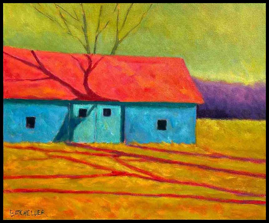 Colorful painting of a blue barn with a red roof, set in a yellow field under a green sky, with a bare tree branch reaching across the scene.
