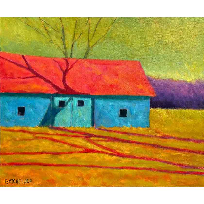 Colorful painting of a blue house with a red roof in a field by Peter Batchelder