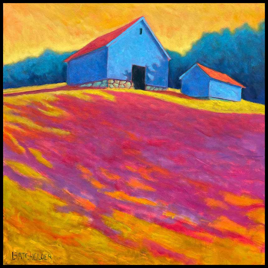 Colorful landscape painting of a blue barn and smaller outbuilding on a hillside, with a bright yellow sky and vivid pink, purple, and orange foreground brushstrokes.