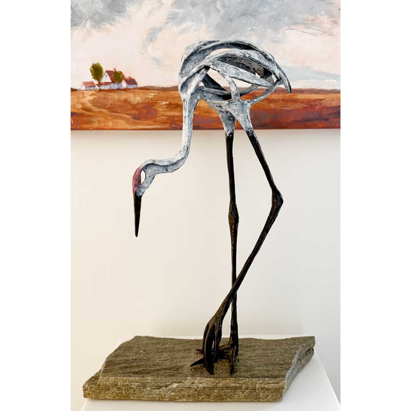 Sandhill crane bronze sculpture by artist Sandy Graves