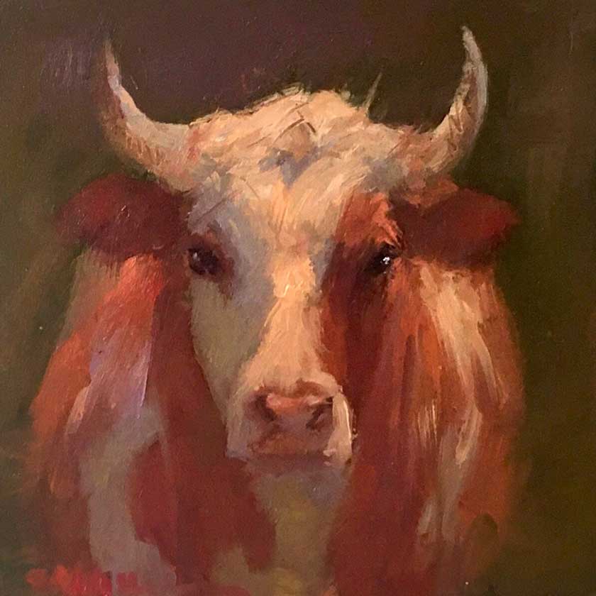 Oil painting of a bull's head with a dark background