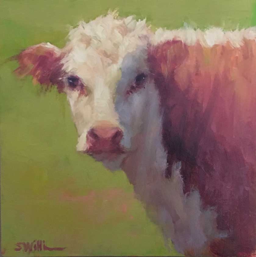 Painting by artist Susan Williamson of a cow with a green background