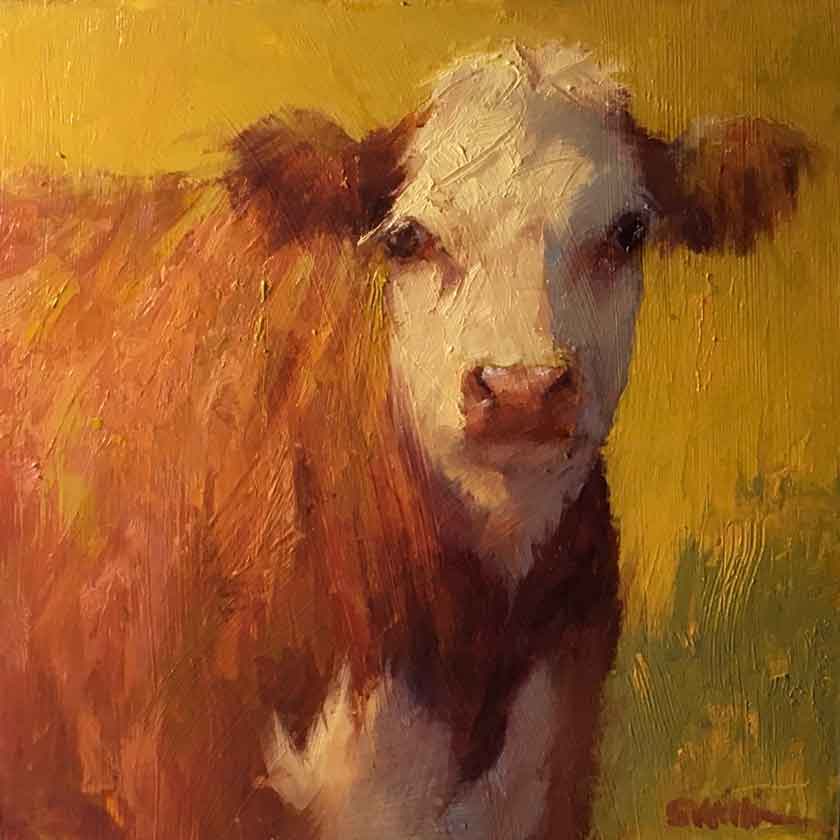 Painting by artist Susan Williamson of a brown and white cow on a yellow background