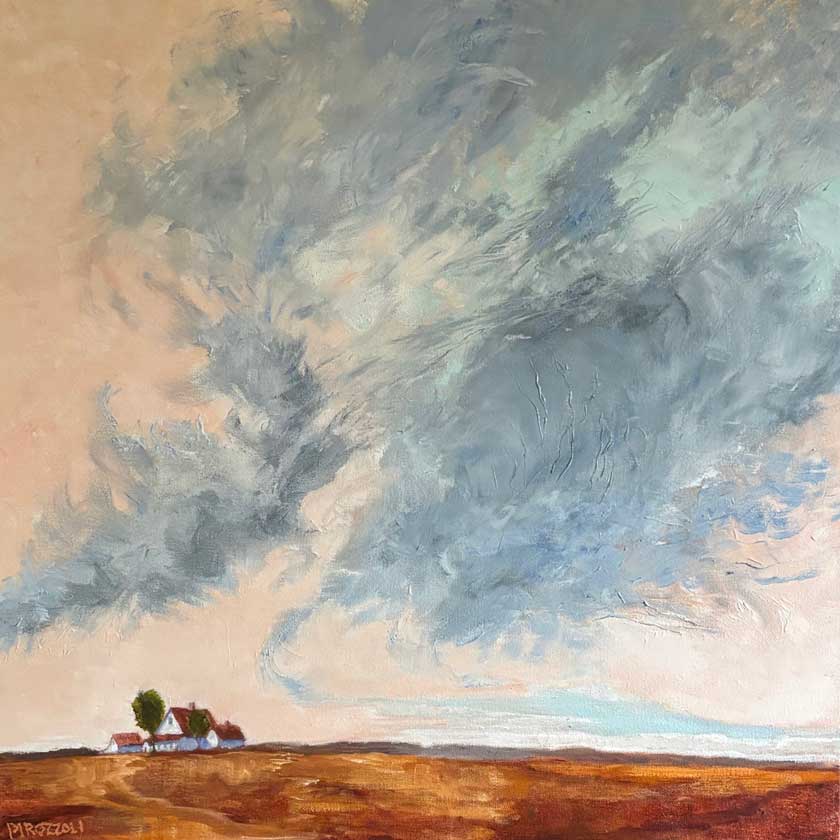Painting of a landscape with a large, dramatic sky and a small house on a hillT by Tom Pirozzoli
