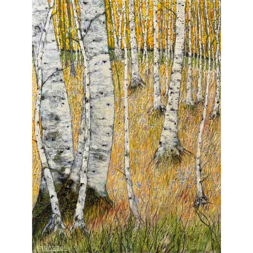 Oil painting of birch trees with white trunks and green foliage  by Tom Pirozzoli